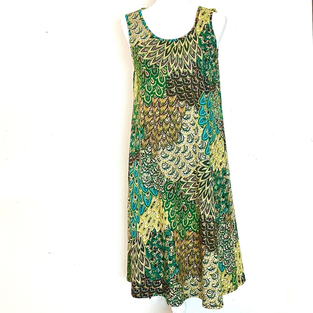 Sleeveless Dress, Stretchy, Size Large, Rich Tones of Green/Brown by "Creation"